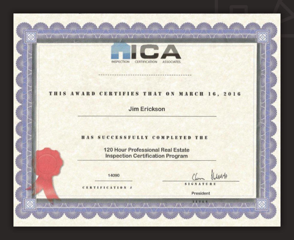 ICA Inspection certificate for Jim Erickson